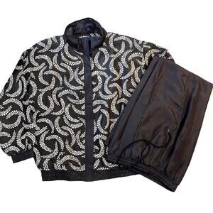 Vintage Womens Silk Track Suit Set Black White Star Print Lightweight Large